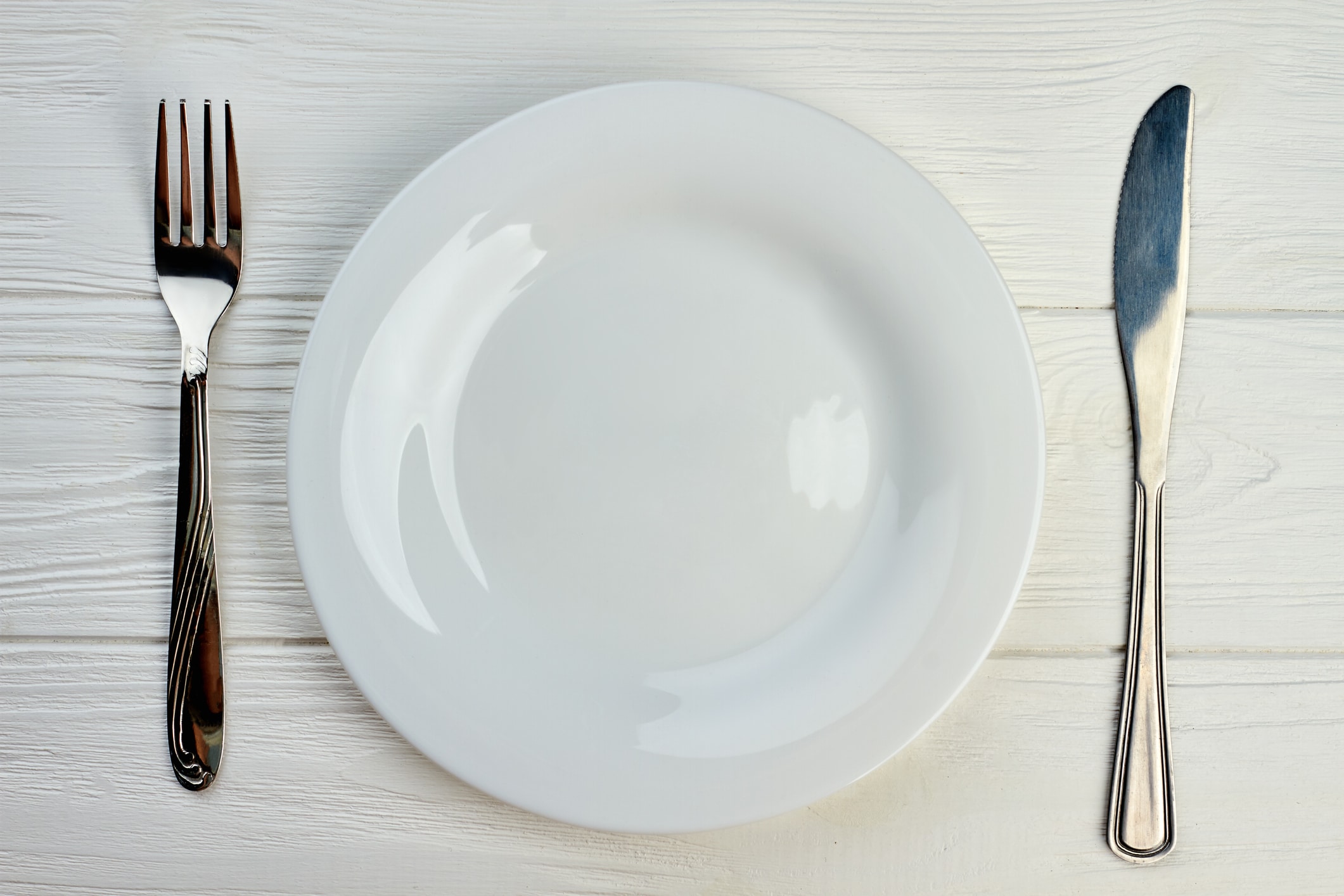 Empty plate, fork and knife.
